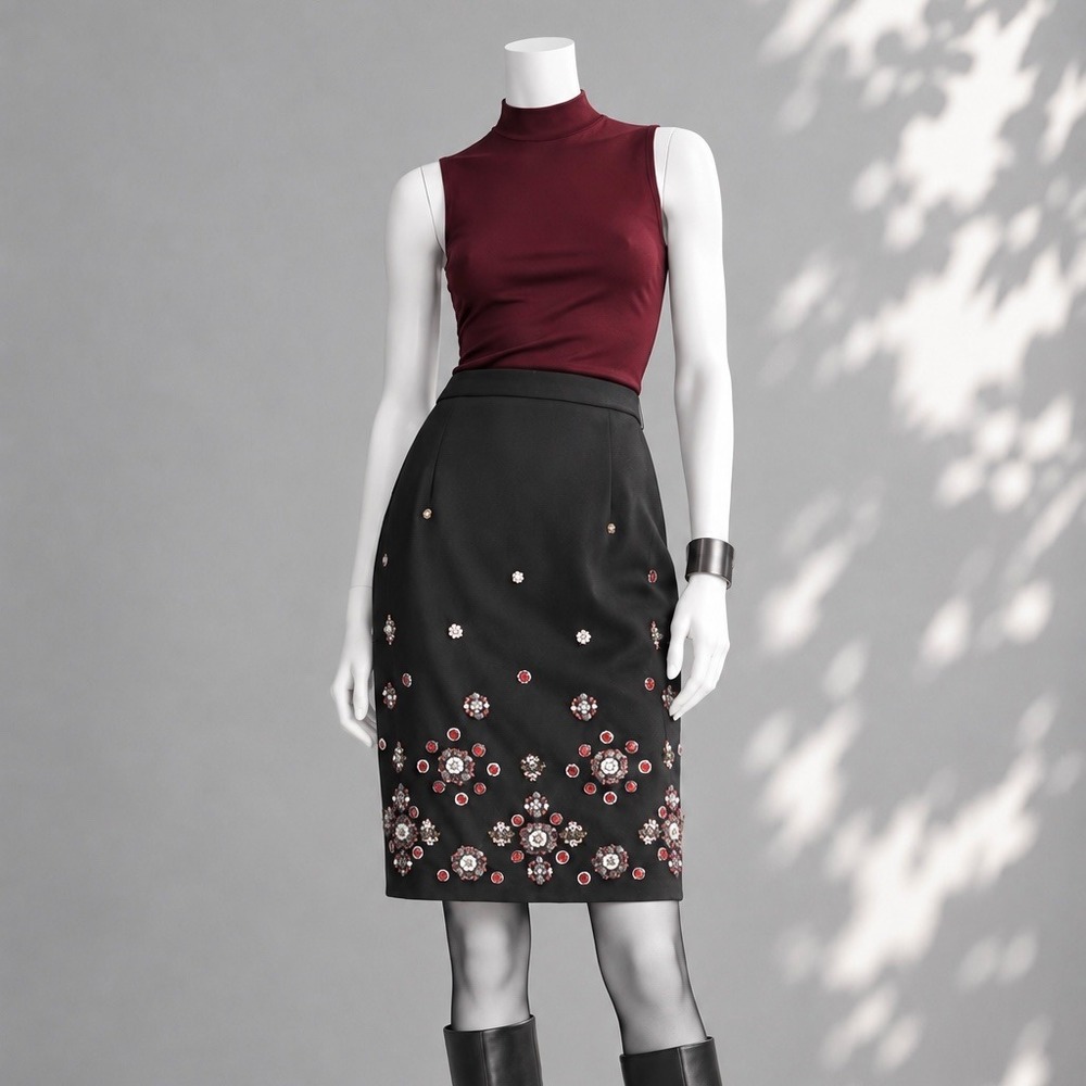 WHBM Beaded Pencil Skirt 6 Black Whimsigoth Corporate Goth Holiday Glam